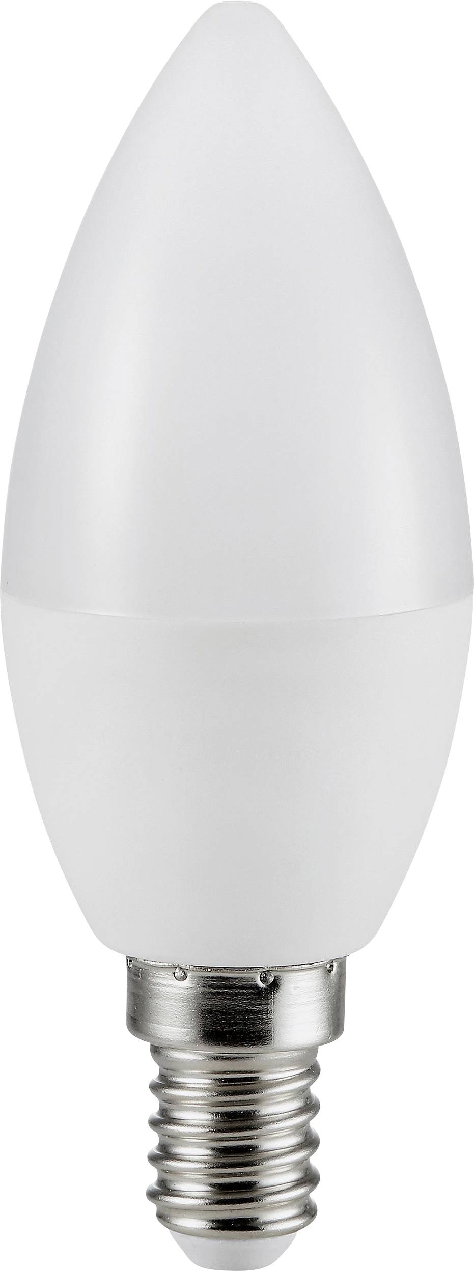 Eine weiße, stromsparende LED-Glühbirne mit E14-Sockel in Kerzenform. Ideal für dekorative Beleuchtung in Kronleuchtern.