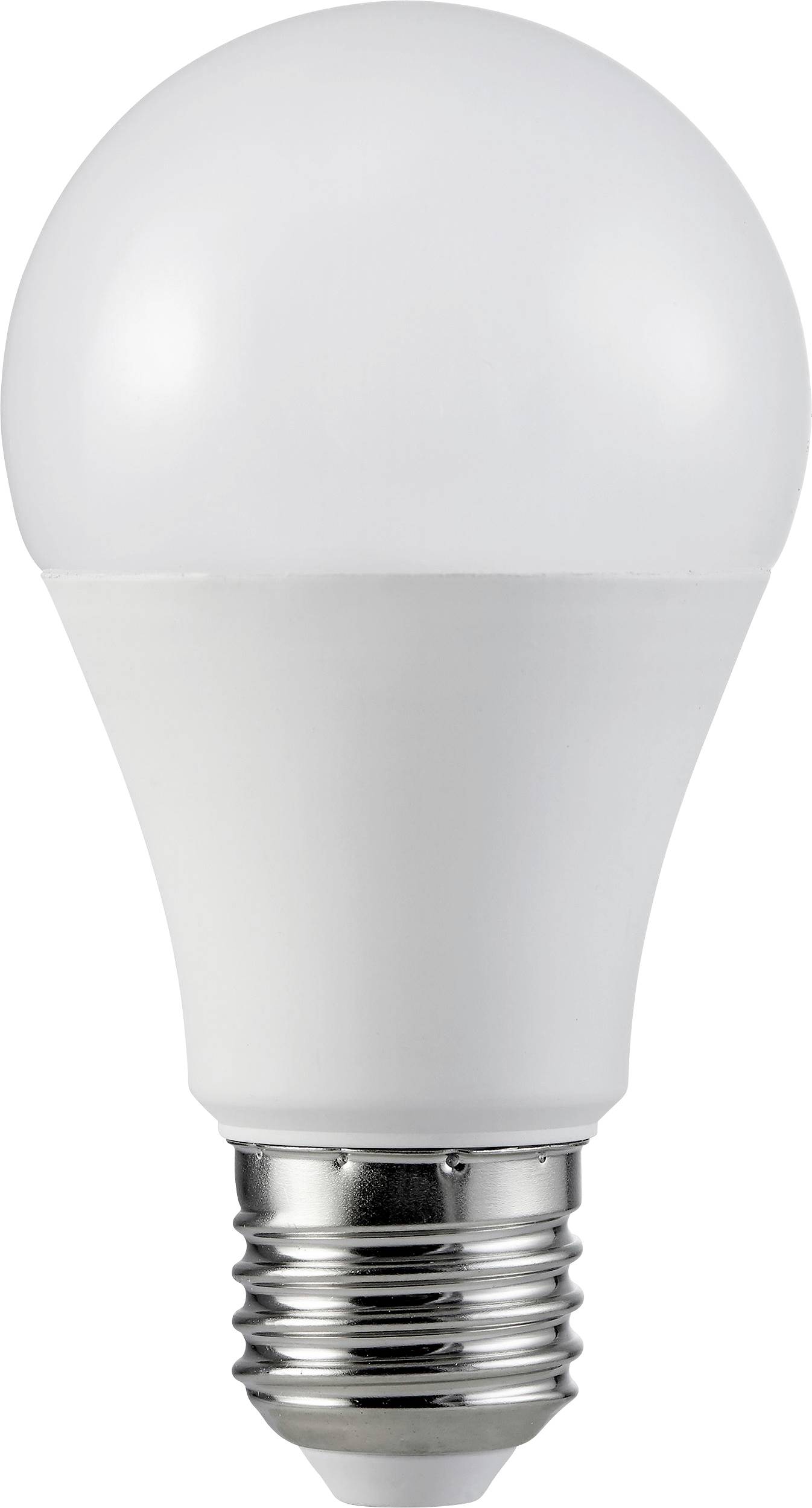 Eine weiße LED-Glühbirne mit E27-Sockel zeigt klassisches Design. Energiesparend und typisch für Haushaltslampen.