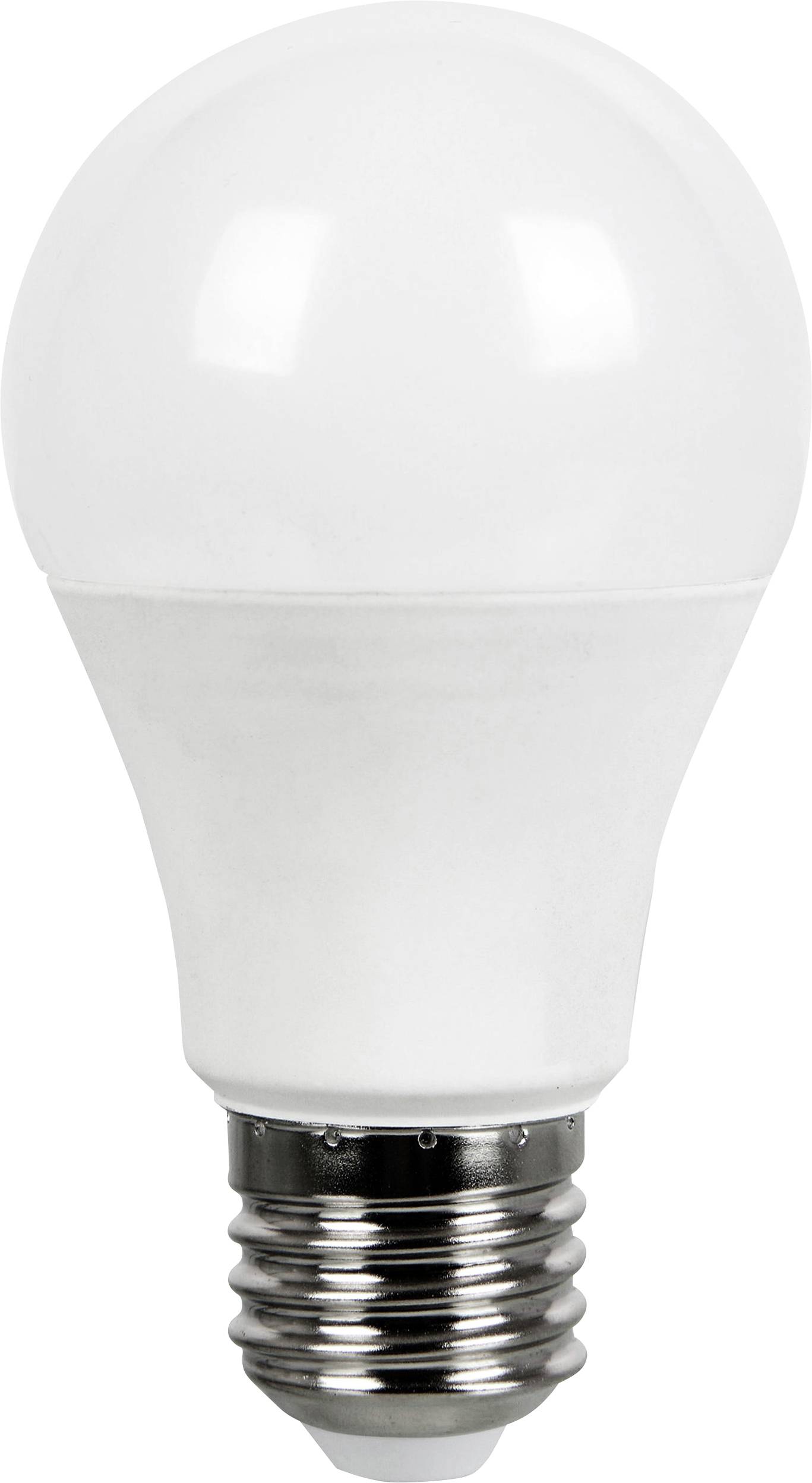 Eine weiße LED-Glühbirne mit E27-Sockel, fotografiert vor einem neutralen Hintergrund.