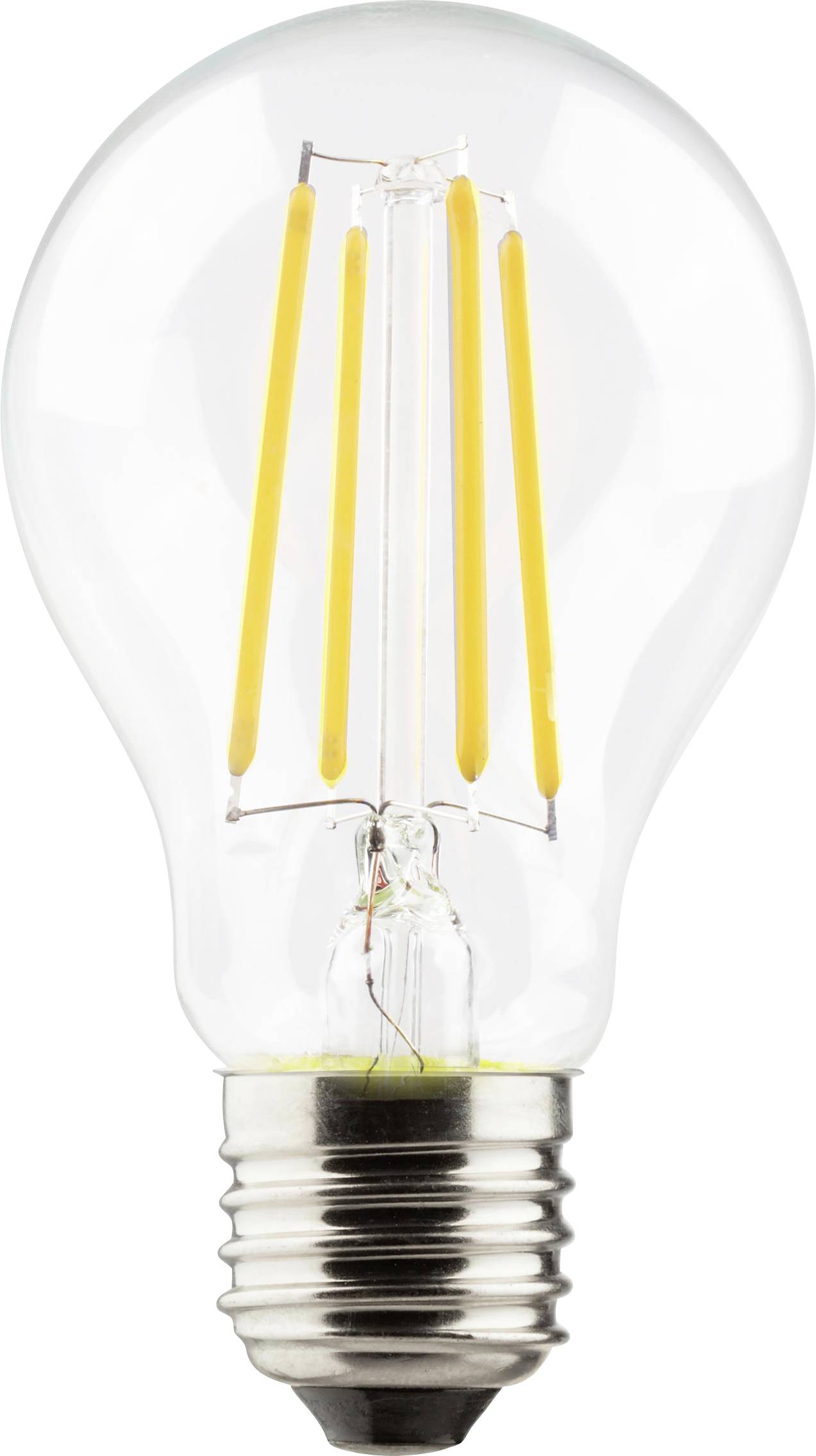 Elektrische Glühbirne mit sichtbaren LED-Filamenten und Schraubsockel, vertikal positioniert.