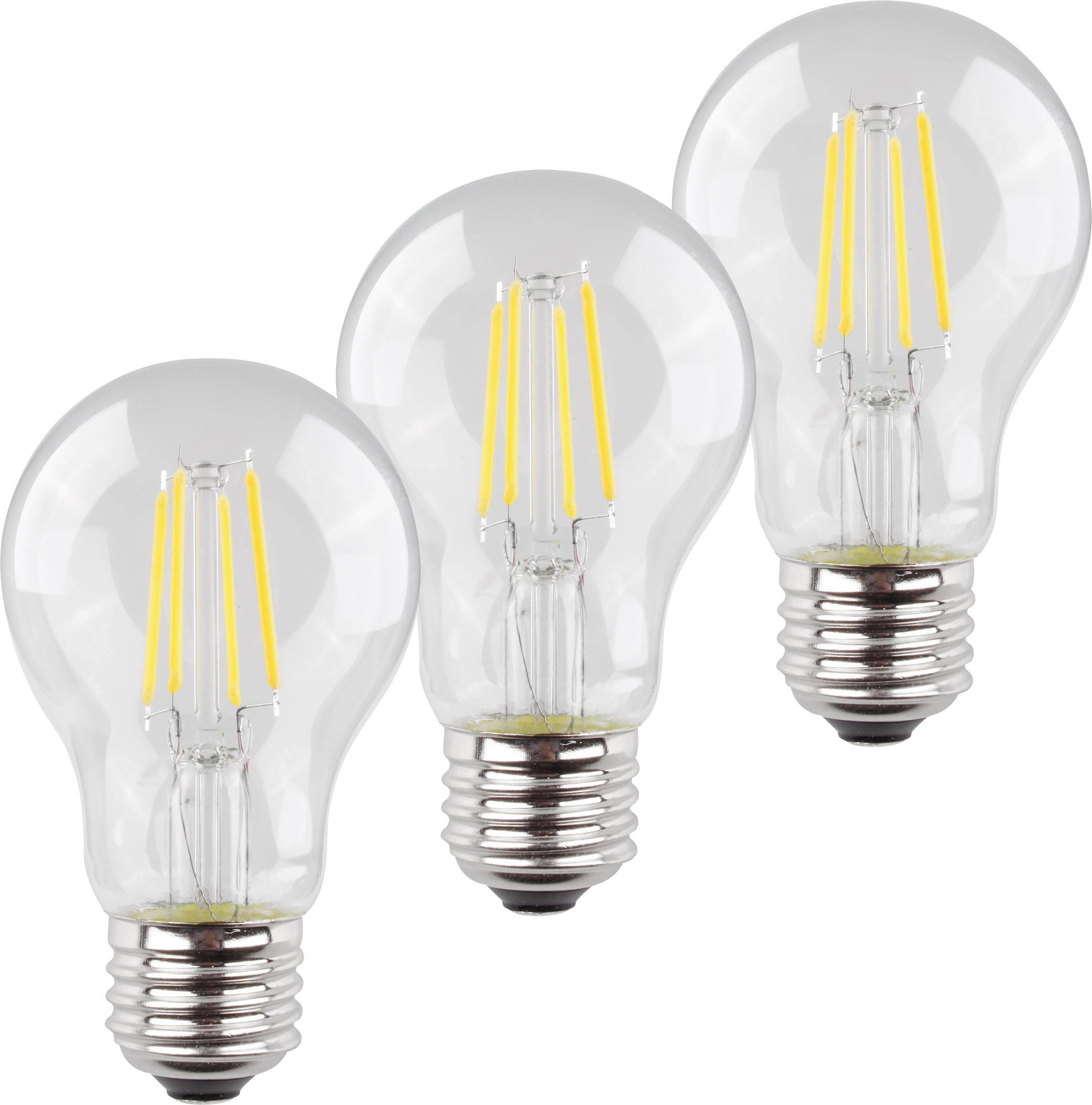 Drei identische LED-Glühbirnen mit E27-Sockel, transparentem Glas und langen gelben Filamenten stehen nebeneinander.