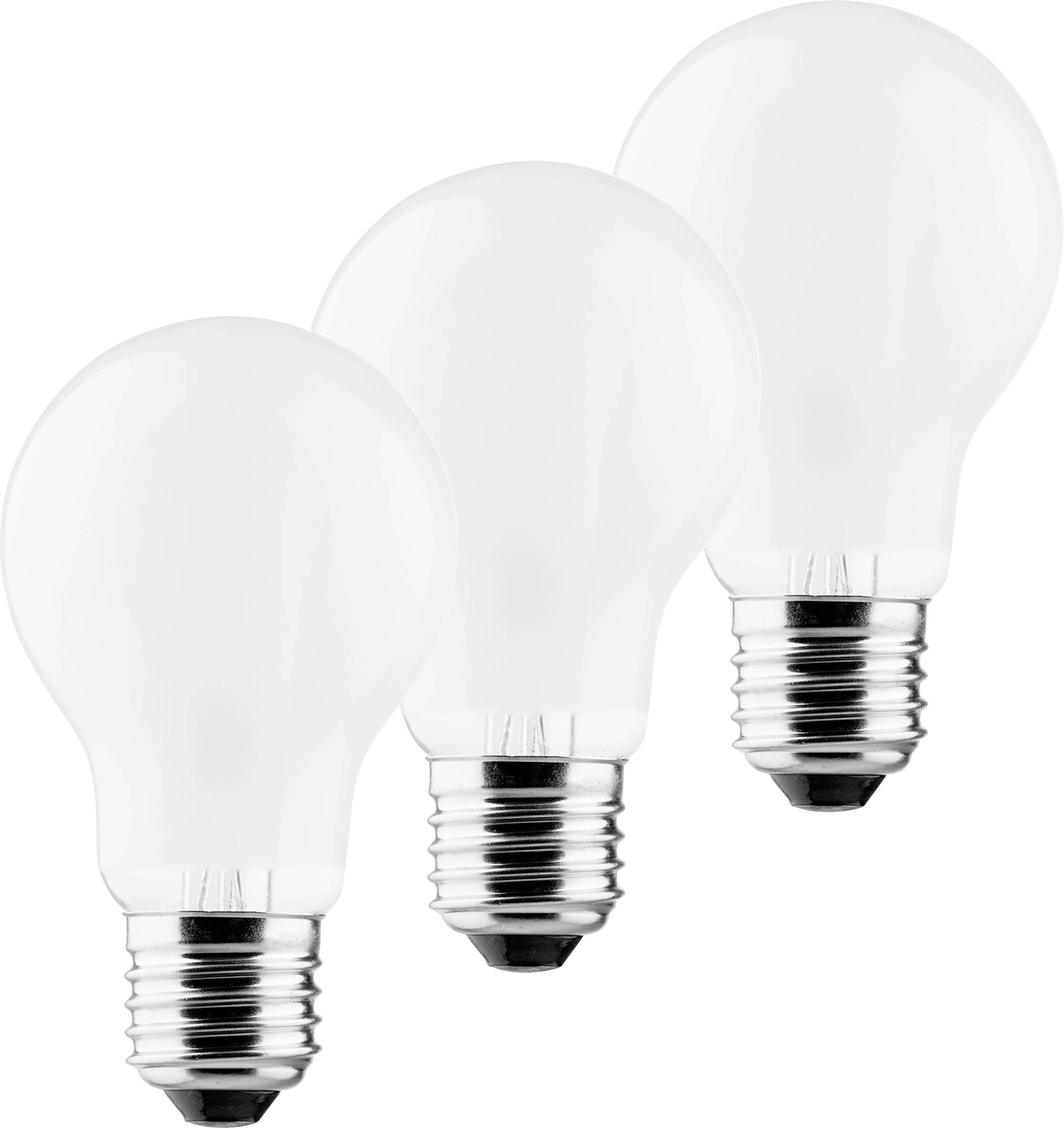 Drei weiße Glühlampen nebeneinander auf weißem Hintergrund.