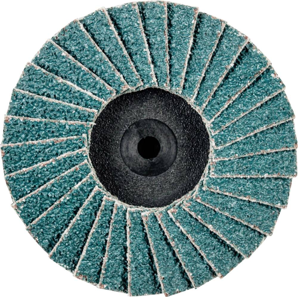 Eine kreisförmige Schleifscheibe mit Lamellenstruktur, die zum Schleifen von Oberflächen verwendet wird. Sie hat eine blaue Schleiffläche.