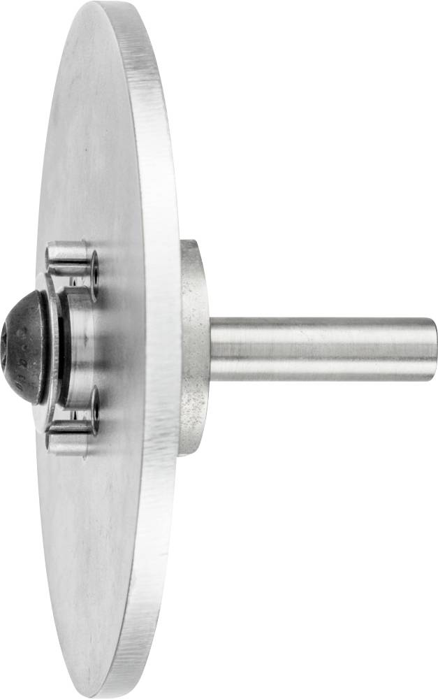 A steel disk cutter with a central shaft and ball bearing hub, viewed vertically from the side.