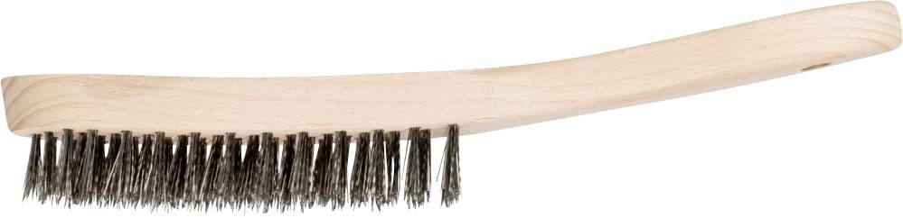 Eine Holzbürste mit dunklen Borsten, seitlich abgebildet, zeigt die gebogene Form des Griffs.