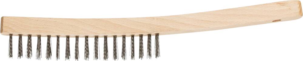 Holzbürste mit langen, dunklen Borsten, leicht gebogenem Griff für ergonomische Handhabung. Geeignet für grobe Reinigung.