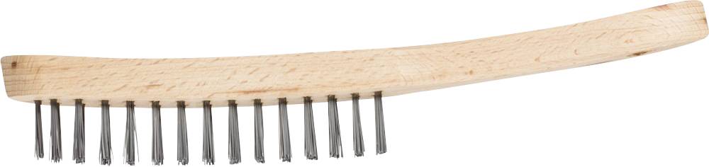 Holzbürste mit schwarzem Borstenbesatz, leicht geschwungener Griff. Geeignet für Reinigungsarbeiten oder Schuhpflege.