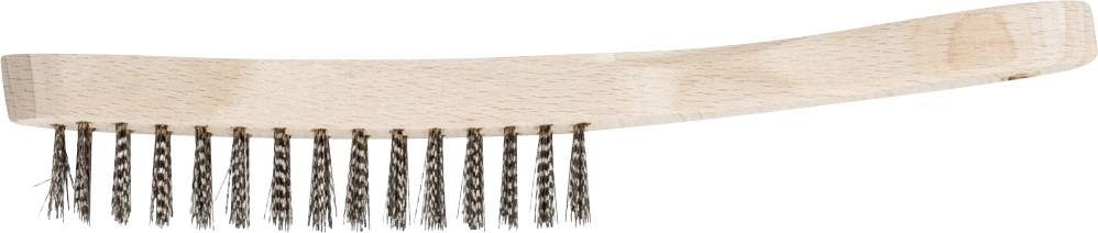 Holzbürste mit gebogenem Griff und dichten, harten Borsten.