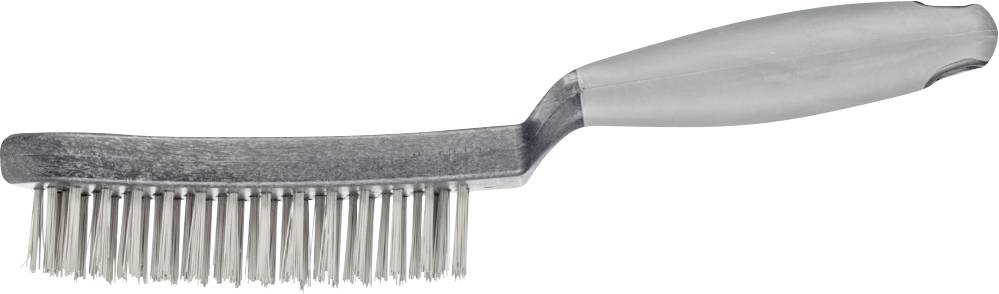 Eine Metallbürste mit silbernem Griff und harten Borsten. Sie wird zur Reinigung verwendet.