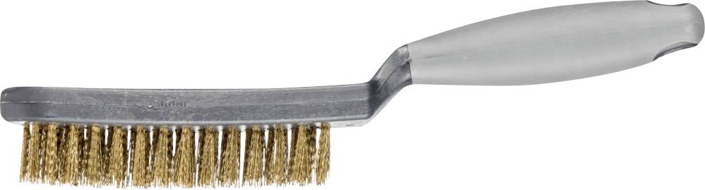 Metallbürste mit grauem Griff und goldfarbenen Borsten, liegt seitlich. Geeignet zur Reinigung von Oberflächen oder Entfernung von Rost.