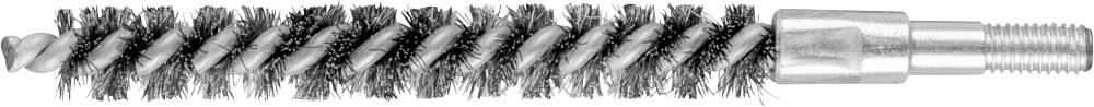 Ein gezogener Drahtbürstenreiniger mit spiralförmigen Borsten und metallischem Griff, ideal zur Reinigung von engen Räumen oder Rohren.