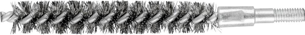 Drahtbürstenaufsatz mit spiralförmig angeordneten Borsten, montiert auf einem Metallstift, geeignet zur Reinigung von Rohren oder Bohrlöchern.