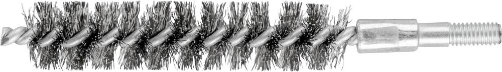 Eine Metallreinigungsbürste mit spiralförmig angeordneten Borsten, die zur Reinigung von Rohren oder zylindrischen Objekten verwendet wird.