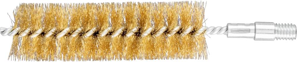 Eine goldfarbene Bürste mit spiralförmigem Draht und einem Metallgewinde am Ende; dient zur Reinigung von Rohrleitungen oder engen Räumen.