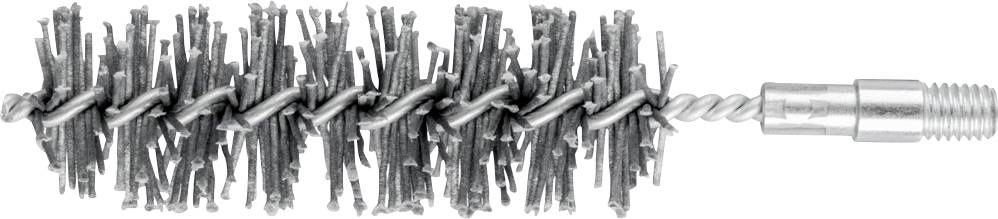 Eine runde Stahldrahtbürste mit gewundenen Borsten, geeignet für die Reinigung von Rohren oder zylinderförmigen Gegenständen.