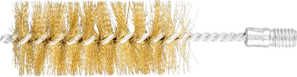 Reinigungsbürste mit dichten, goldenen Borsten und einem gedrehten Metallgriff. Geeignet zum Säubern von Rohren oder engen Öffnungen.