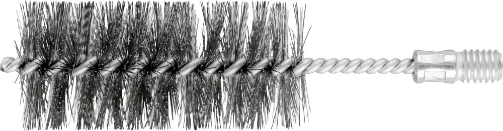 Silberne Reinigungsbürste mit Borsten aus Draht, verdrehtem Griff und Gewindeende. Geeignet für enge oder zylindrische Räume.