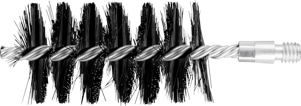 Eine Reinigungsbürste mit dichten schwarzen Borsten und einer metallischen Drehspindel, geeignet für Rohre oder Kaminschächte.