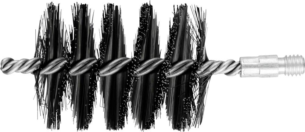 Reinigungsbürste für Schornsteine mit dichten, spiralförmig angeordneten Borsten und einem Metallgriff zum Einfädeln in Stangen.