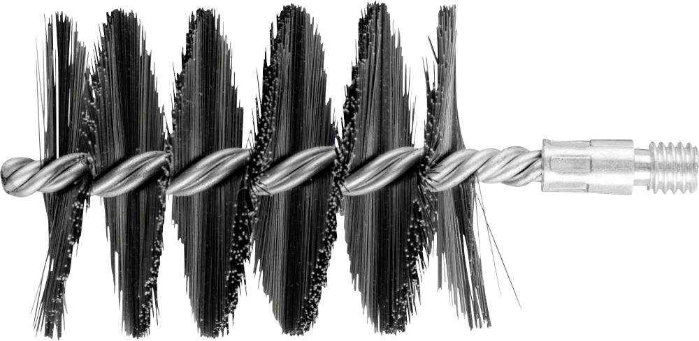 Eine schwarze Drahtbürste mit Borsten in einer spiralförmigen Anordnung, geeignet zur Rohr- oder Kaminreinigung, auf weißem Hintergrund.