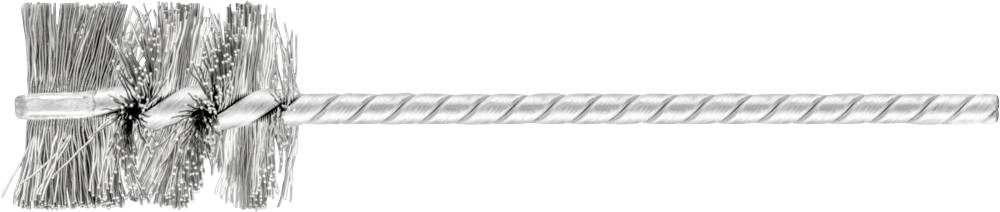 Ein detailreicher Bleistiftzeichnung eines Kaminkehrerbesens mit dicken Borsten und einem langen, gedrehten Griff entlang des Bildes.