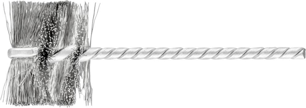 Eine silberne Drahtbürste mit verdrehten Borsten, häufig zur Reinigung oder zum Entfernen von Rost und Schmutz verwendet.