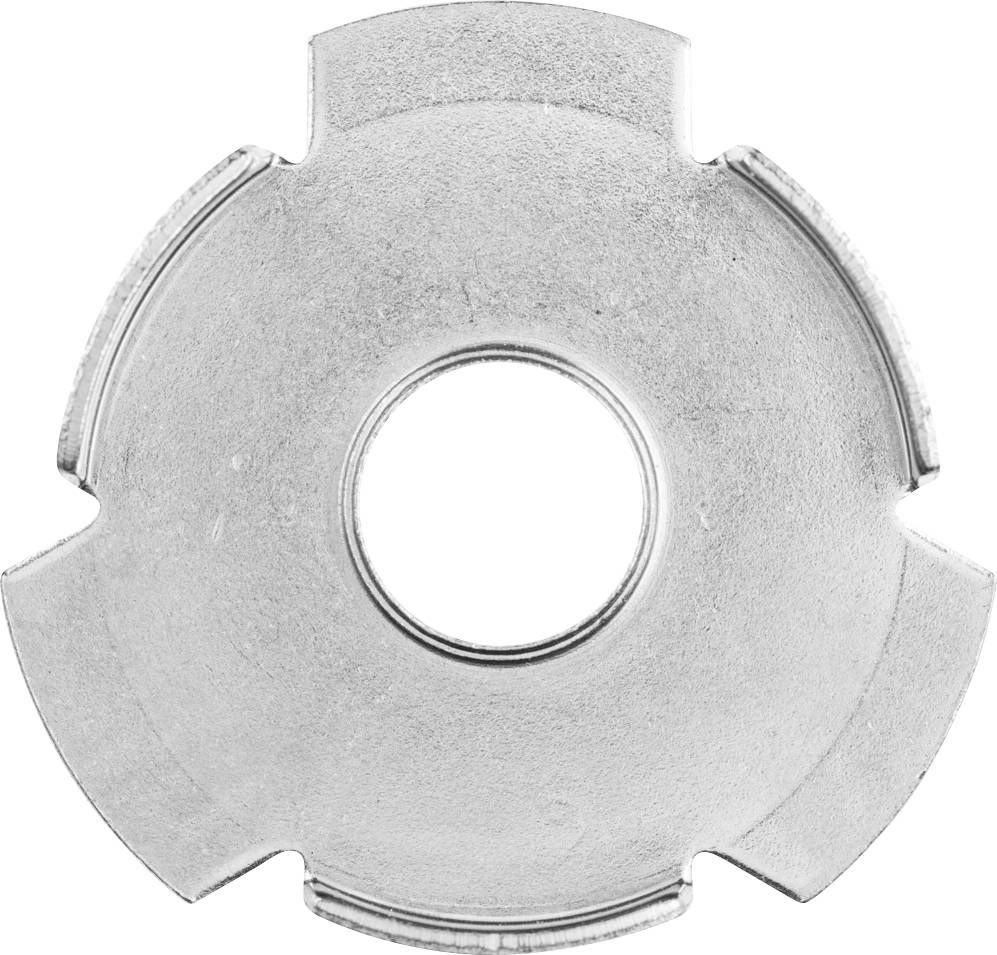 Metallisches Ersatzteil mit rundem Loch in der Mitte und vier gleichmäßig verteilten Einschnitten, vermutlich für maschinelle Zwecke.