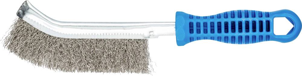 Eine Metallbürste mit gebogenem Griff und blauen Kunststoffüberzug, geeignet zum Reinigen von Oberflächen.