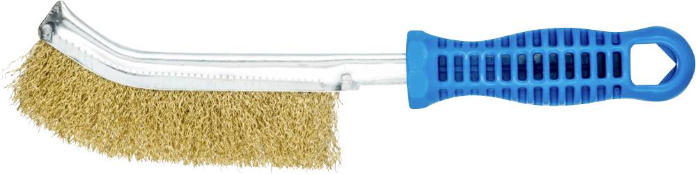 Drahtbürste mit blauem Kunststoffgriff und langem, gebogenem Metallkopf mit groben, goldfarbenen Borsten. Geeignet für grobe Reinigungsarbeiten.