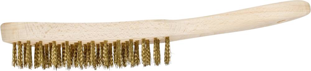 Eine Holz-Drahtbürste mit goldfarbenen Borsten, seitlich liegend, zeigt den gebogenen Griff und die dichten, kurzen Borsten.