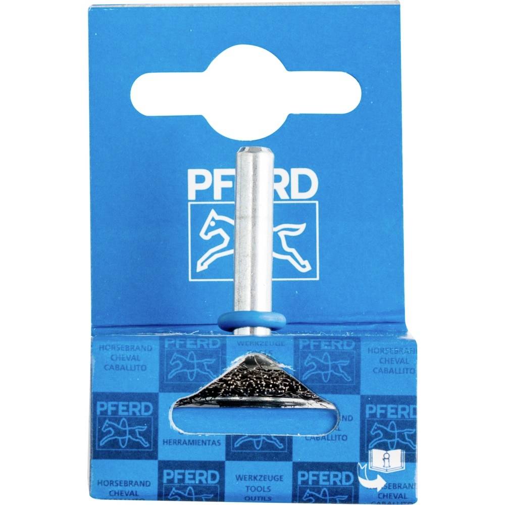 Verpackung einer Schleifkappe der Marke 'Pferd', blaues Etikett mit weißem Pferdemotiv. Schleifwerkzeug zum Bearbeiten von Oberflächen.