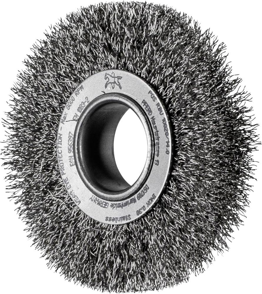 Eine runde Drahtbürste mit dichten, starren Borsten. Geeignet zum Entfernen von Rost oder Farbe von Metalloberflächen.