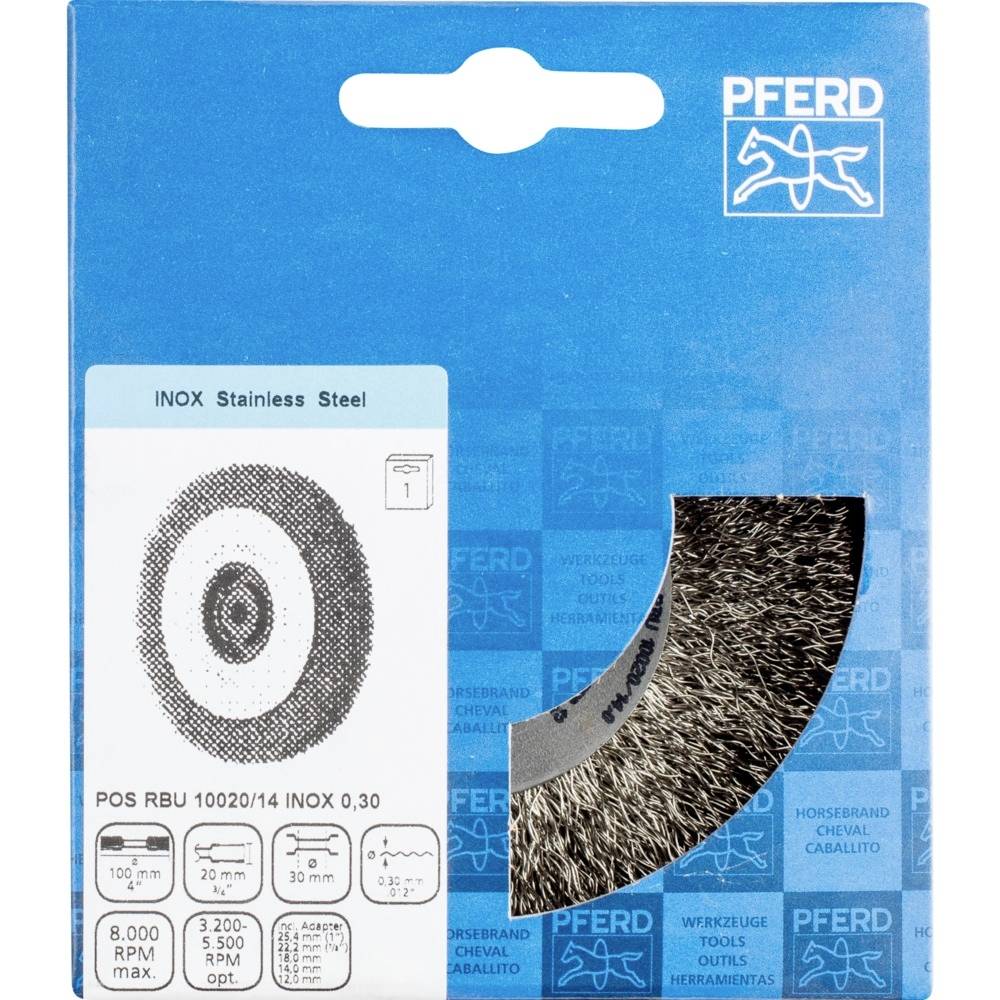 Eine Verpackung mit einer Bürstenscheibe für Edelstahl der Marke Pferd. Enthält technische Informationen wie '8.000 RPM max.' und Details zu Durchmesser und Stärke.