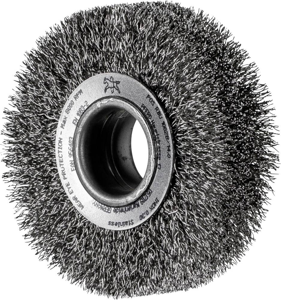 Drahtbürstenrad mit Metalleinfassung. Eignet sich für das Entfernen von Rost und Farbe von Metalloberflächen.