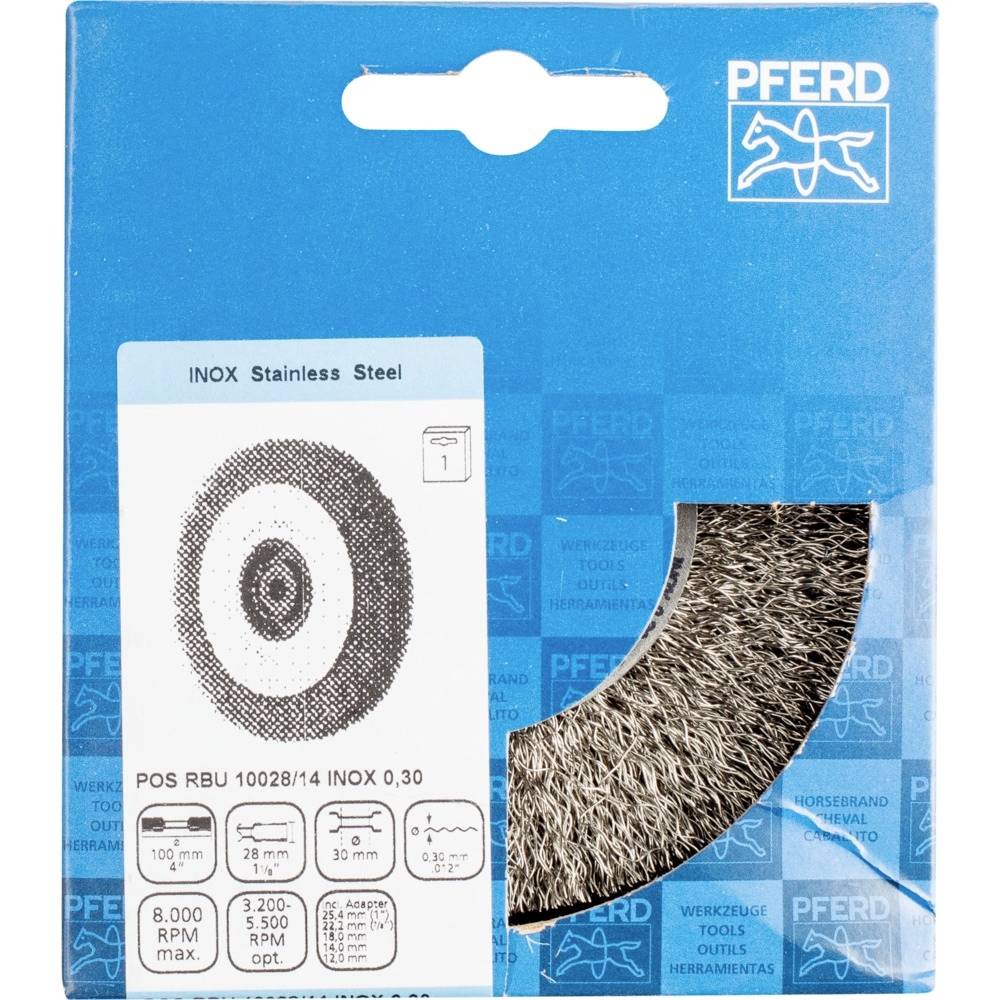 Verpackung einer Rundbürste für Edelstahl von Pferd mit Abbildungen und technischen Details wie Durchmesser, U/min und Material.