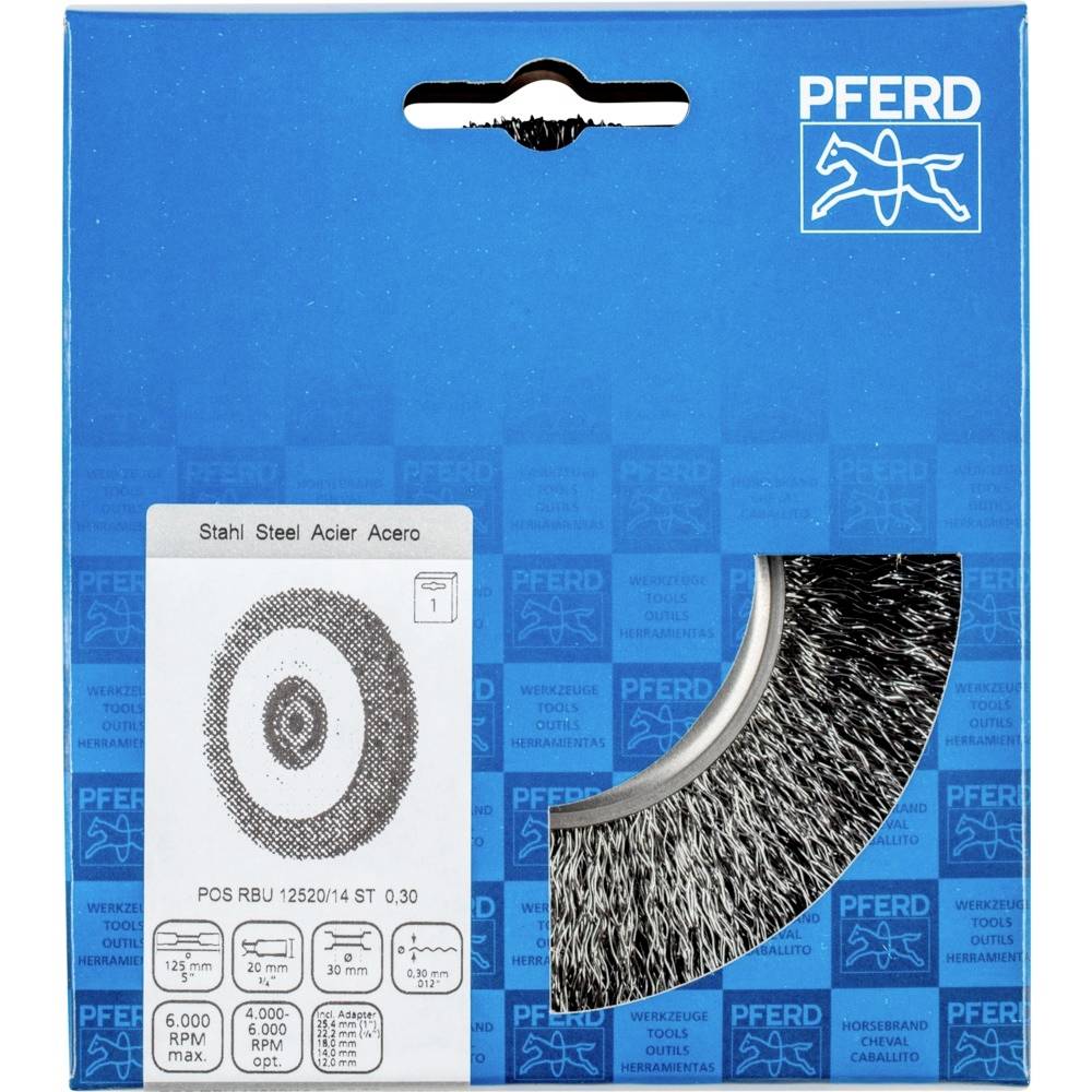 Verpackung einer Rundbürste der Marke PFERD. Zeigt ein Bild der Drahtbürste und Spezifikationen auf der blauen Schachteloberfläche.