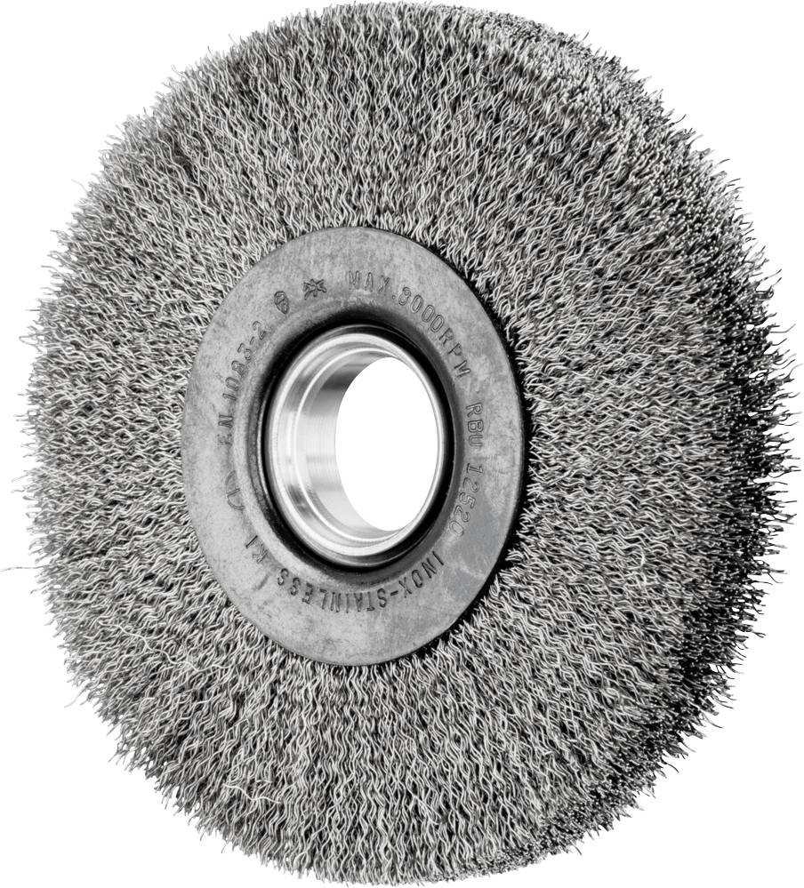 Eine runde Drahtbürste mit Metallborsten und mittiger Öffnung, verwendet zur Reinigung oder zum Polieren von Oberflächen.
