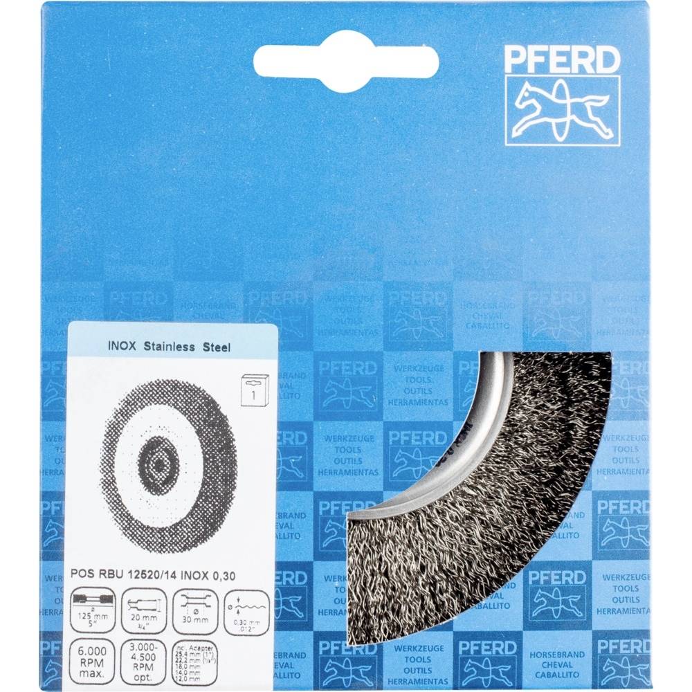 Blauer Karton mit einer rostfreien Edelstahl-Bürstenscheibe von Pferd, darunter technische Spezifikationen und Logos.