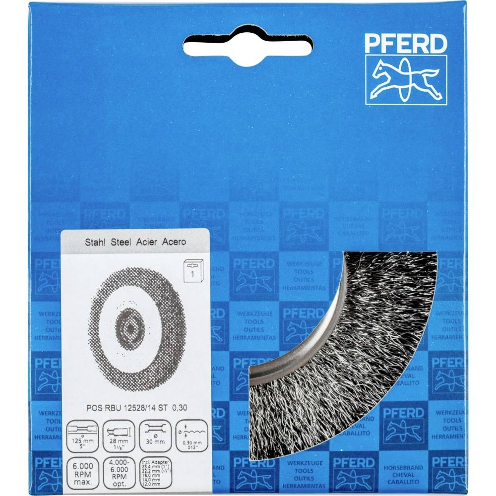 Verpackung eines Stahlbürstenaufsatzes mit Abbildung des Produkts und technischen Spezifikationen. Geeignet für 6000 U/min.