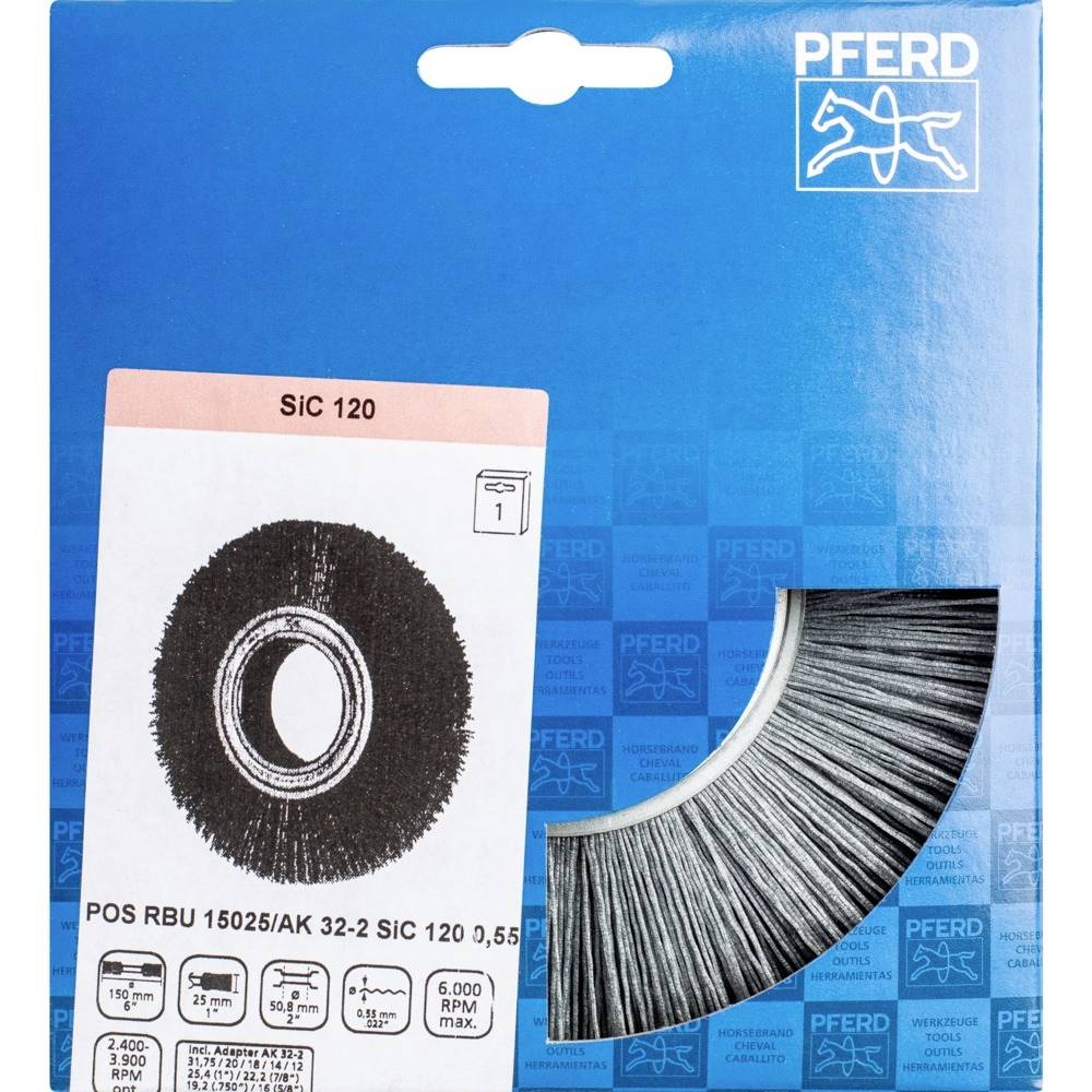 Verpackung einer Drahtbürste von 'Pferd', Modell SIC 120, 0,55 mm Durchmesser. Geeignet für Winkelschleifer, max. 6000 U/min.