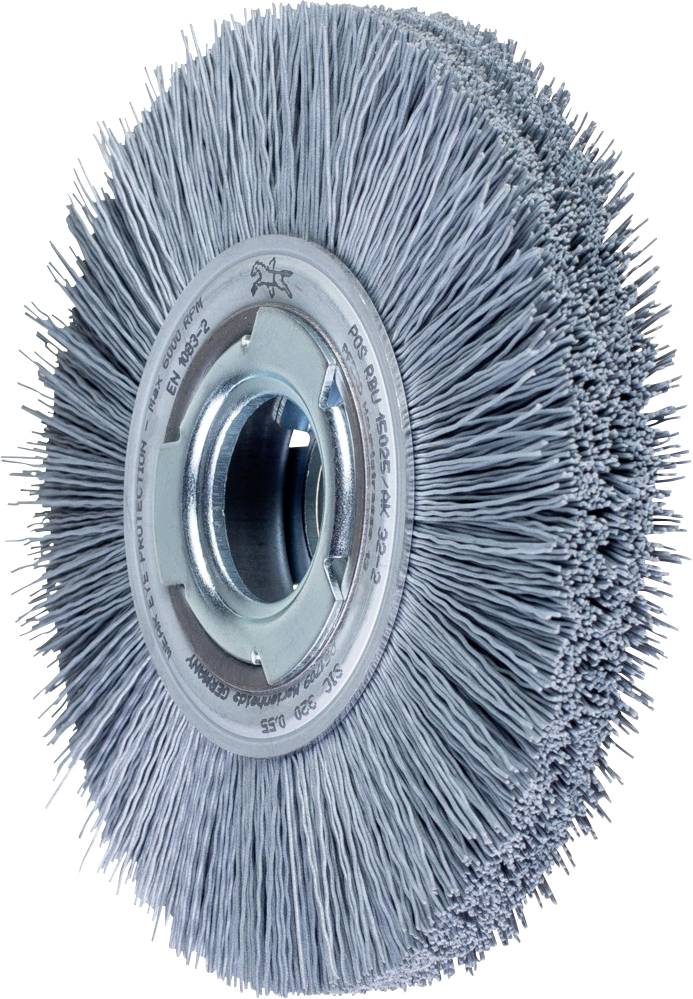 Eine graue Schleifscheibe mit Metallborsten, die eine metallische Mitte hat und zum Schleifen von Materialien verwendet wird.