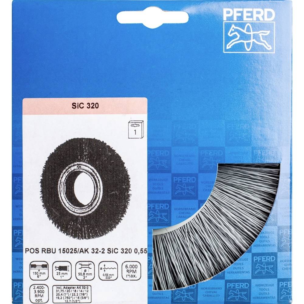 Eine Drahtbürste von PFERD in einer blauen Verpackung, mit der Bezeichnung 'SIC 320' für Schleif- und Reinigungsarbeiten.