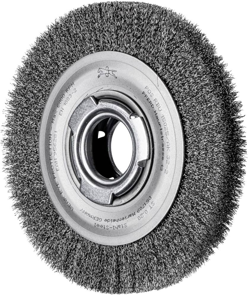 Drahtbürste mit Metallborsten und runder Form, geeignet für die Reinigung oder das Entrosten von Oberflächen.