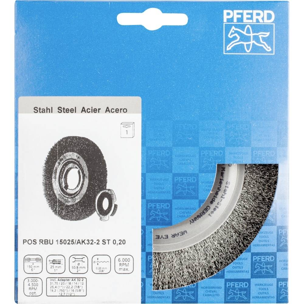 Verpackung einer Stahldrahtbürste von PFERD. Zeigt Produktabbildung, Namen und Spezifikationen, wie Drehzahl 6.000 U/min, Typ RBU.