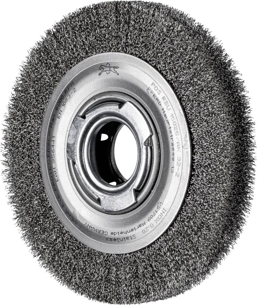 Drahtbürste für Winkelschleifer. Geeignet für grobe Reinigungsarbeiten. Silberne Borsten umgeben eine metallische Mittelplatte.