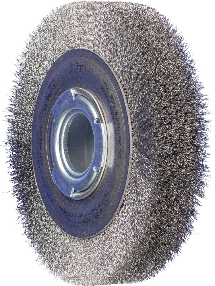 Eine metallische Drahtbürstenscheibe mit dichtem Borstenkranz und rundem, metallischem Innenteil zur industriellen Reinigung.