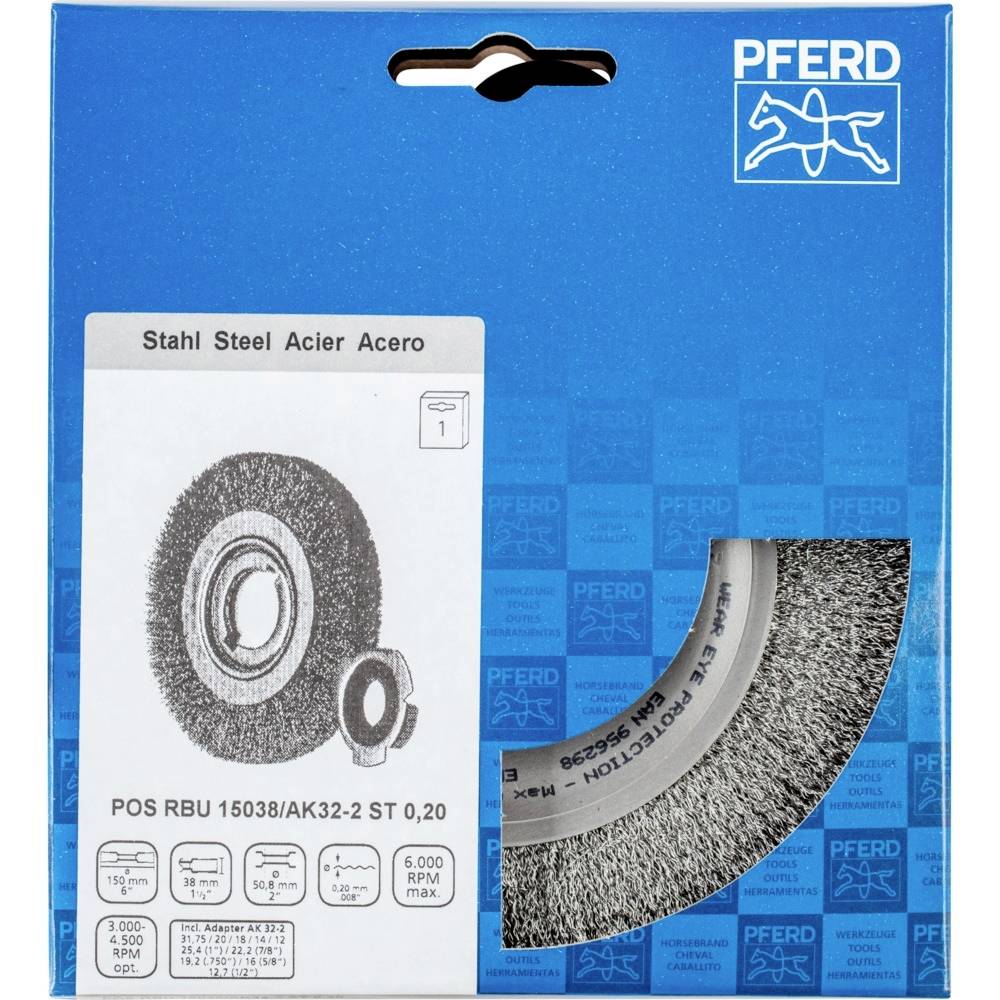 'PFERD' Stahlradbürste, Modell POS RBU 15038/AK32-2 ST 0,20, abgebildet in Verpackung mit technischem Text und Produktabbildung.