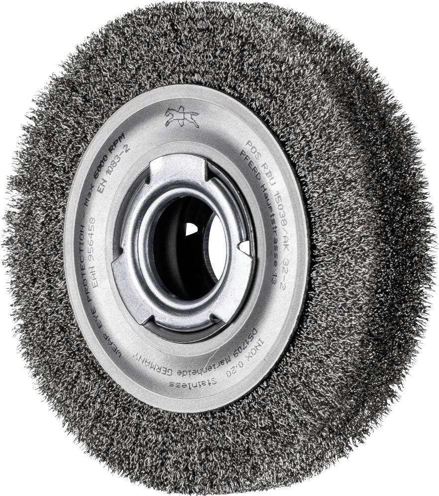 Drahtbürstenscheibe mit Metallborsten, zentralem Loch und silbernen Metallkern, geeignet zur Oberflächenreinigung oder Rostentfernung.