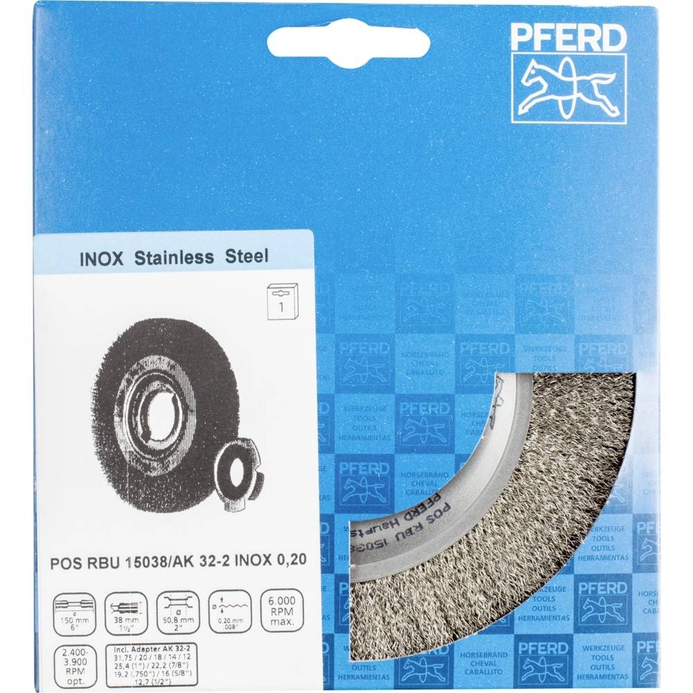 'PFERD' Drahtbürste für Edelstahl-Verarbeitung in blauer Verpackung mit Produktabbildung. Maximale Drehzahl: 6.000 U/min.