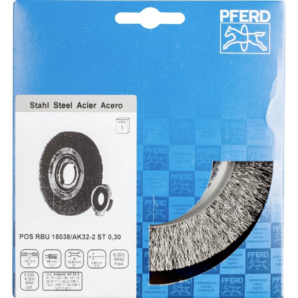 'PFERD Stahl-Bürstenaufsatz' in blauer Verpackung. Zeigt große und kleine Drahtbürsten für Stahl, geeignet für 6.000 U/min.